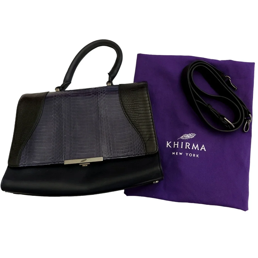 KHIRMA Eliazov Oxy leather lizard snake satchel shoulder bag purse black blue - Picture 3 of 8